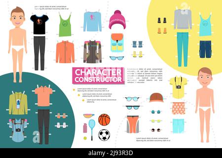 Concept d'infographie de personnage d'athlète masculin plat avec baskets de sport lunettes de soleil casquette tennis raquette bouteille football basket-ball ballons isolés vect Illustration de Vecteur