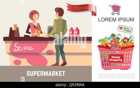 Achat à plat dans le concept de supermarché avec le caissier à la caisse enregistreuse illustration vectorielle des différents produits pour le client et le panier Illustration de Vecteur