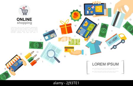 Modèle plat e-commerce coloré avec les mains des gens tenant la tablette et livraison de billets en dollars mobiles camion boîte cadeau vente étiquettes chemise illustrateur vectoriel Illustration de Vecteur