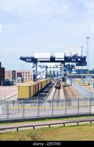 Quai à conteneurs et tête de chemin de fer à quai au port de Felixstowe, Suffolk, Royaume-Uni. Banque D'Images