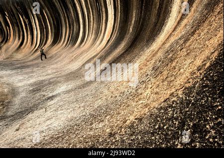 Personne debout dans l'incroyable Wave Rock d'Australie occidentale. Banque D'Images