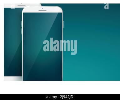 Ensemble de téléphones intelligents au design moderne avec deux téléphones portables blancs ombres sur les grands espaces et interfaces tactiles sur le fond bleu v ect Illustration de Vecteur