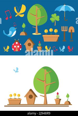 Ensemble d'outils et d'éléments de jardin avec des images de coccinelle, pot, terre, arrosoir, maison d'oiseaux et beaucoup d'autres objets illustration vectorielle Illustration de Vecteur