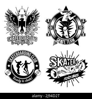 Ensemble d'emblèmes, d'étiquettes, de badges et de logos pour le skateboard. Isolé sur blanc Illustration de Vecteur