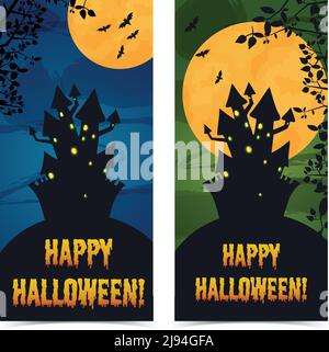 Salutation Halloween bannières verticales avec hanté maison cimetière branches arbre et illustration du vecteur de chauves-souris sur fond de lune Illustration de Vecteur