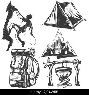 Ensemble d'éléments de camping pour créer vos propres badges, logos, étiquettes, affiches, etc. Isolés sur blanc. Illustration de Vecteur