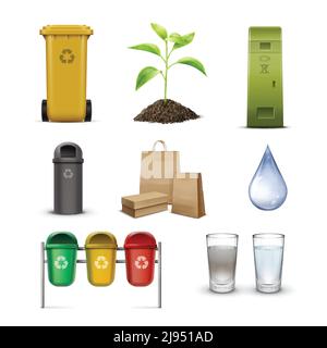 Ensemble de bacs de recyclage pour le tri des déchets, les gouttes d'eau propre, les sprout et les sacs en papier kraft isolés sur fond blanc Illustration de Vecteur