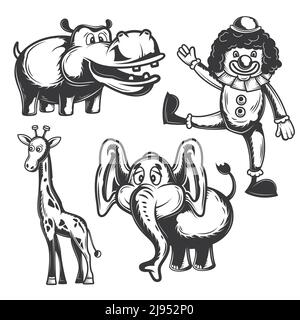 Ensemble d'éléments de cirque (animaux, clown) pour créer vos propres badges, logos, étiquettes, affiches, etc. Isolé sur blanc. Illustration de Vecteur