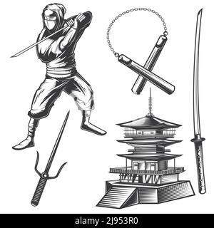 Ensemble d'éléments ninja (pagode, katana, nunchuck, etc.) pour créer vos propres badges, logos, étiquettes, affiches, etc. Isolé sur blanc. Illustration de Vecteur