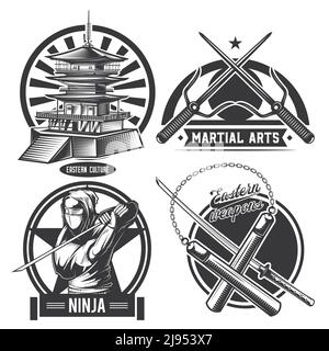 Ensemble d'emblèmes, d'étiquettes, de badges et de logos de ninja vintage. Isolé sur blanc Illustration de Vecteur