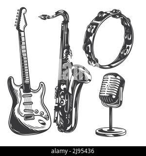 Jeu d'instruments de musique (guitare, microphone, tambourine, saxophone) pour créer vos propres badges, logos, étiquettes, affiches, etc. Isolés sur du blanc. Illustration de Vecteur