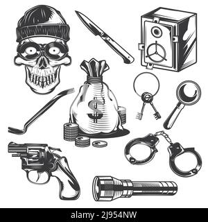 Ensemble d'éléments de voleur pour créer vos propres badges, logos, étiquettes, affiches, etc. Isolé sur blanc. Illustration de Vecteur