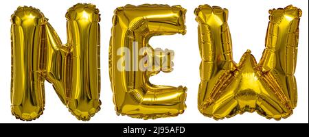 ballons réels en forme de nouveau mot or métallique sur fond blanc Banque D'Images