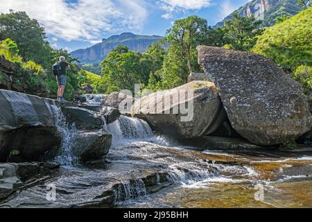 Touristes occidentaux visitant la cascade dans le fleuve Mahai dans le parc national Royal Natal, KwaZulu-Natal, Afrique du Sud Banque D'Images