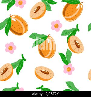 Motif de pêches sans couture, illustration vectorielle d'été dans un style de dessin animé. Pêches entières, demi-pêches, fleurs et feuilles. Motif été brillant Illustration de Vecteur