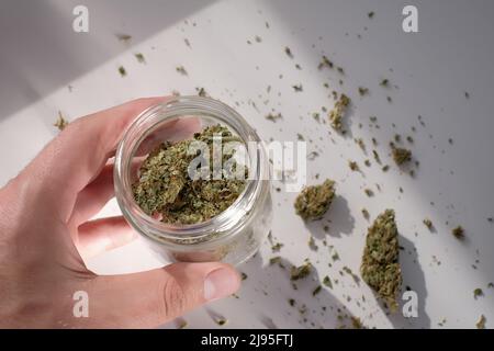 L'homme tient dans son pot de main avec des bourgeons de cannabis séchés sur fond blanc avec de l'herbe écrasée. Banque D'Images