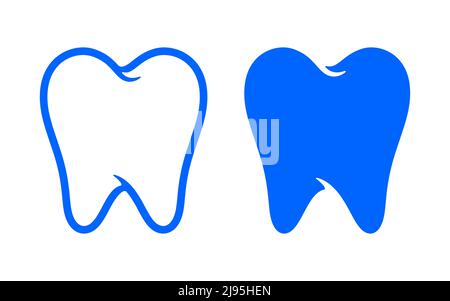 Ensemble de vecteurs d'icône de contour de dent humaine et de silhouette bleue. Logo médical de la dent isolé. Illustration de Vecteur