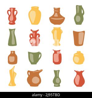 Collection de poteries décoratives en céramique. Ensemble de vases en faïence de couleur, bols simples et abstraits dessinés à la main pour carte design intérieur illustration vectorielle Illustration de Vecteur
