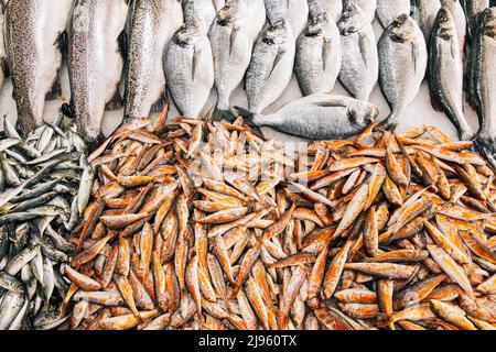 Saumon de mer frais, poisson d'anchois européen et Mullus sur la glace sur la boutique du marché. Poissons de fruits de mer de fond. Le saumon est Une espèce de Banque D'Images