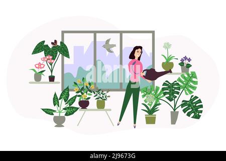 Fille arrosage plantes de jardin maison Illustration de Vecteur
