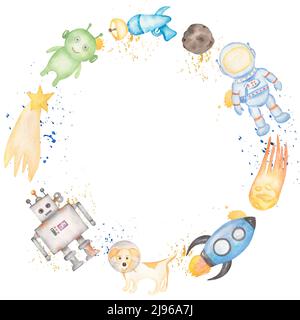 Space Illustration, Cute Kids Wreath avec robor et Alien Clipart. Illustration de l'astronaute aquarelle, imprimé Galaxy, invitation à la douche de bébé Banque D'Images