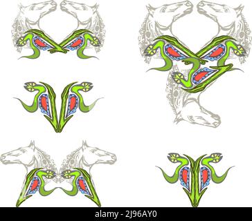 Symboles tête de cheval et serpent vert pour les imprimés ou les tendances de la mode. Symboles de cheval et de serpent en forme de coeur pour les concepts environnementaux, les textiles Banque D'Images