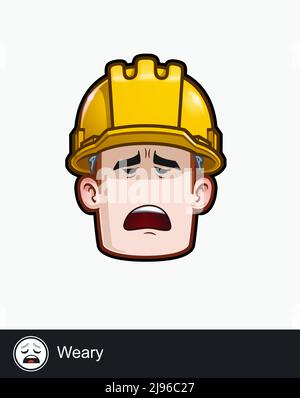 Ensemble d'icônes d'un visage de travailleur de la construction avec une expression émotionnelle fatiguée. Tous les éléments sont soigneusement présentés sur des couches et des groupes bien décrits. Illustration de Vecteur