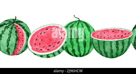 Aquarelle tracé à la main bordure horizontale sans couture avec pastèque rouge verte, tranches de graines de fruits d'été. Végétarien végétalien cadre alimentaire sain, jungle tropicale de vacances concept Banque D'Images