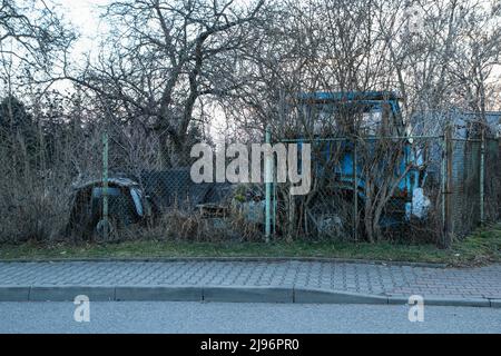 Le camion abandonné est debout dans le jardin et est surcultivé par des arbres et des buissons. La nature prend lentement le contrôle. Banque D'Images