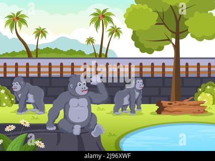 Illustration du dessin du zoo avec les animaux de safari Gorilla, cage et les visiteurs sur le territoire sur la conception de fond de forêt Illustration de Vecteur