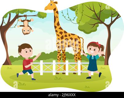 Illustration du dessin animé du zoo avec Safari Animals Giraffe, cage et visiteurs sur le territoire sur fond de forêt Illustration de Vecteur