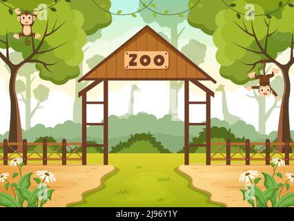 Illustration du dessin du dessin du zoo avec le singe des animaux de safari, la cage et les visiteurs sur le territoire sur la conception de fond de forêt Illustration de Vecteur