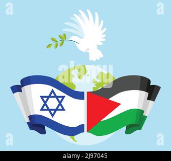 Palestine, drapeaux israéliens et pigeon avec branche d'olive sur fond de globe. Illustration vectorielle isolée de style plat. Illustration de Vecteur