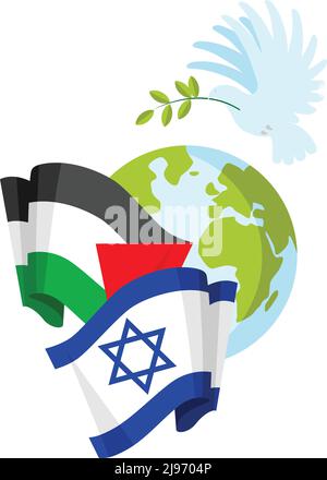 Palestine, drapeaux israéliens et pigeon avec branche d'olive sur fond de globe. Illustration vectorielle isolée de style plat. Illustration de Vecteur