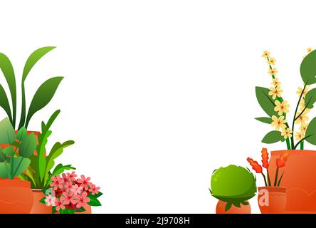 Plantes et fleurs intérieures. Dans des pots en céramique. Cadre photo. De belles herbes maison. Isolé sur fond blanc. Style de dessin animé amusant. Vecteur Illustration de Vecteur