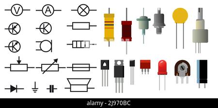 Ensemble de composants radio. Résistance, transistor, diode et condensateur. Circuit électronique de la radio. Désignation symbolique. Isolé sur fond blanc Illustration de Vecteur