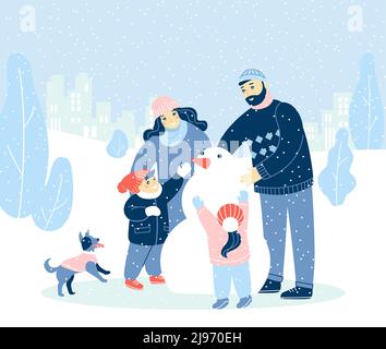 Famille avec enfants faisant bonhomme de neige dans le parc de la ville de neige. Activités de plein air pour Noël. Illustration de Vecteur
