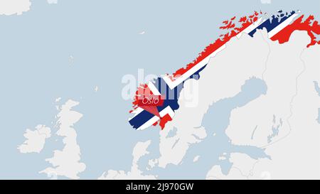 Carte de la Norvège mise en évidence dans les couleurs du drapeau norvégien et la broche de la capitale du pays Oslo, carte avec les pays européens voisins. Illustration de Vecteur