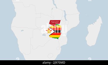 Carte du Zimbabwe mise en évidence dans couleurs du drapeau du Zimbabwe et PIN de la capitale du pays Harare, carte avec les pays africains voisins. Illustration de Vecteur