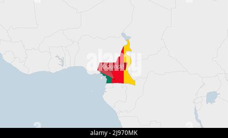 Carte du Cameroun mise en évidence dans le drapeau du Cameroun couleurs et PIN de la capitale du pays Yaoundé, carte avec les pays africains voisins. Illustration de Vecteur