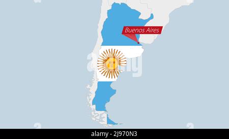 Carte de l'Argentine mise en évidence dans les couleurs du drapeau de l'Argentine et broche de la capitale du pays Buenos Aires, carte avec les pays voisins américains. Illustration de Vecteur