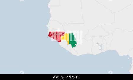 Carte de la Guinée mise en évidence dans les couleurs du drapeau de la Guinée et la pointe de la capitale du pays Conakry, carte avec les pays africains voisins. Illustration de Vecteur