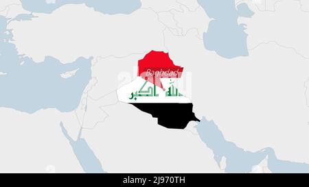 Carte de l'Iraq mise en évidence dans les couleurs du drapeau de l'Iraq et la broche de Bagdad, capitale du pays, carte avec les pays voisins d'Asie. Illustration de Vecteur