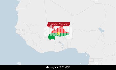 Carte du Burkina Faso mise en évidence dans les couleurs du drapeau du Burkina Faso et PIN de Ouagadougou, capitale du pays, carte avec les pays africains voisins. Illustration de Vecteur