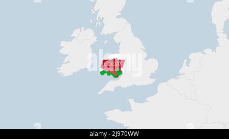 Carte du pays de Galles mise en évidence dans les couleurs du drapeau du pays de Galles et broche de Cardiff, capitale du pays, carte avec les pays européens voisins. Illustration de Vecteur