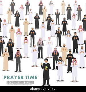 Vecteur sans couture schéma groupe de personnes islamiques debout avec des perles dans les mains et de prier. Mufti avec coran. Concept musulman. Illustration vectorielle. Illustration de Vecteur