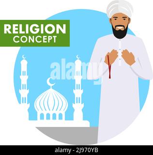 L'homme islamique avec des perles dans les mains prient. Personne musulmane debout sur la silhouette de fond de la mosquée et des minarets. Illustration vectorielle. Illustration de Vecteur