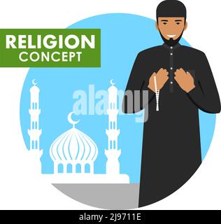 L'homme islamique avec des perles dans les mains prient. Personne musulmane debout sur la silhouette de fond de la mosquée et des minarets. Illustration vectorielle. Illustration de Vecteur