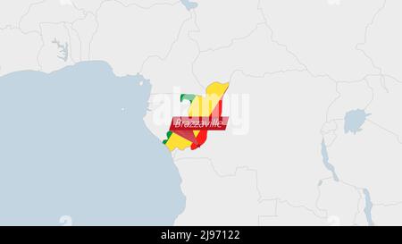 Carte du Congo mise en évidence dans les couleurs du drapeau du Congo et la broche de la capitale du pays Kinshasa, carte avec les pays africains voisins. Illustration de Vecteur