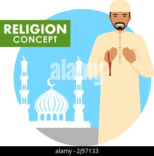 L'homme islamique avec des perles dans les mains prient. Personne musulmane debout sur la silhouette de fond de la mosquée et des minarets. Illustration vectorielle. Illustration de Vecteur